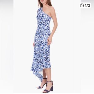 London Times Blue and White Patterned Dress. One shoulder .Fabric is soft